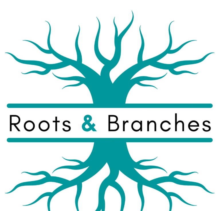 A teal image of a trees roots with the words "Roots & Branches" across the middle.