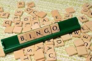 Bingo spelled in scrabble letters.